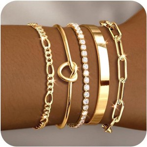 5 Piece Gold Bracelet Stack Set for Women with Bangle Cuff Paperclip and Chain Bracelets, Non Tarnish - 1 of 4