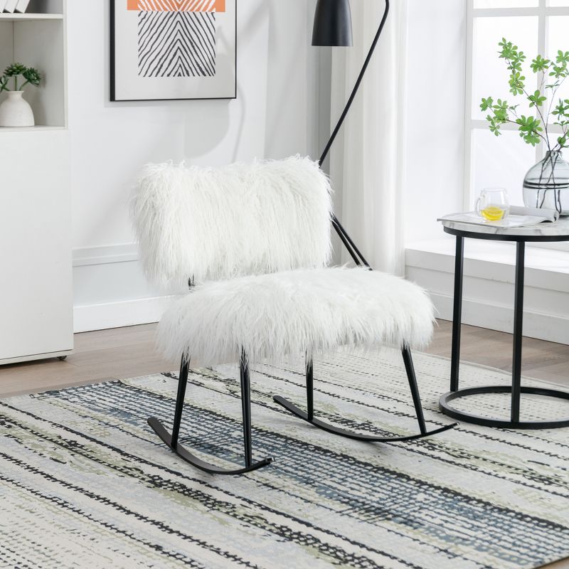 25''W Faux Fur Plush Nursery Rocking Chair, Fluffy Upholstered Accent Glider Chair with Metal Rocker-ModernLuxe, 1 of 8