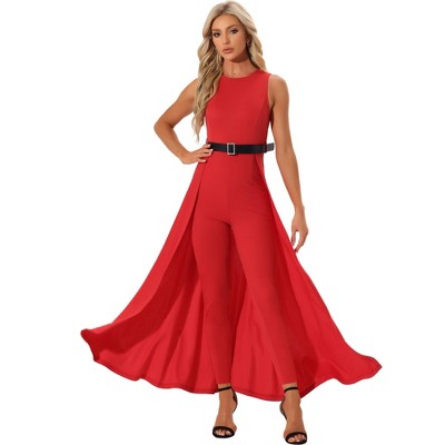 Allegra K Women's Patchwork Overlay Sleeveless Belted High-Waist Rompers Jumpsuit