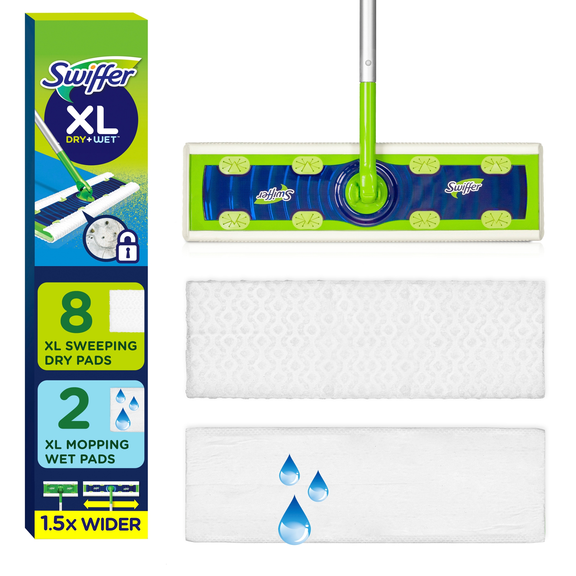 Swiffer Sweeper Dry + Wet XL Sweeping Kit (1 Sweeper, 8 Dry Cloths, 2 Wet Cloths) - 11pc