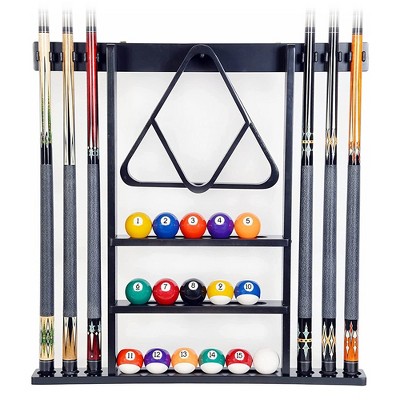 Black Wooden Wall-Mounted Pool Cue and Ball Holder Rack