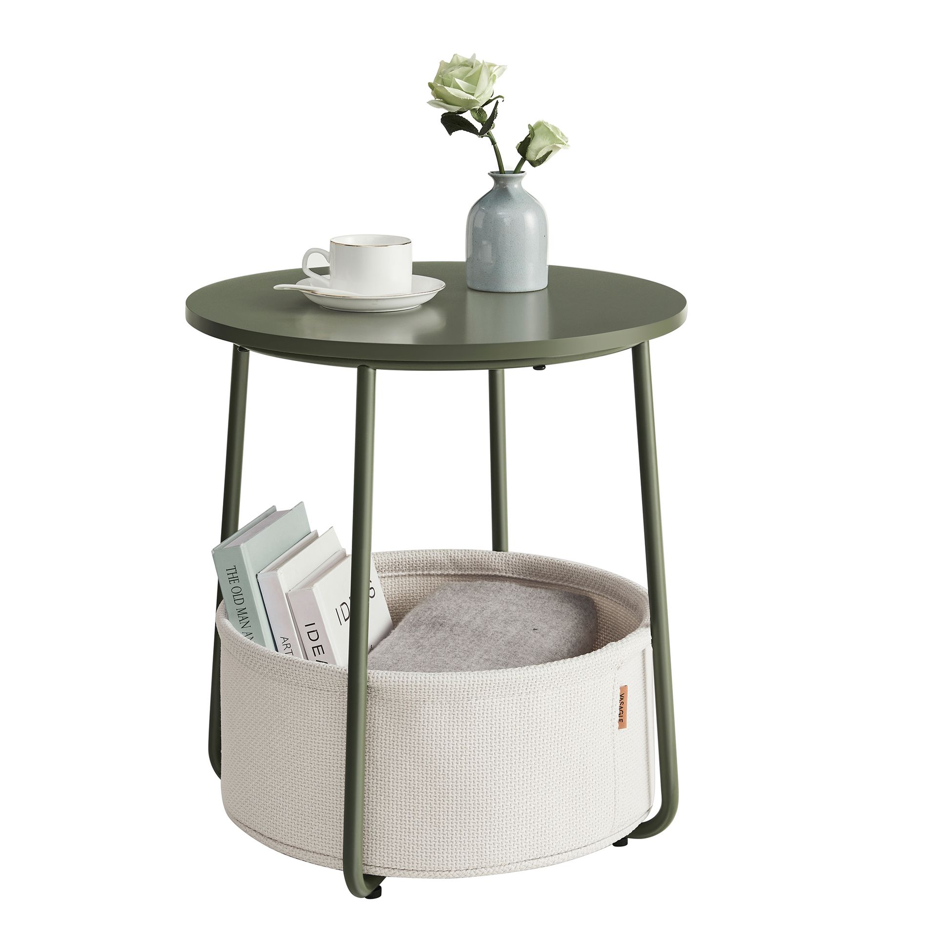 Small Round Side End Table, Modern Nightstand with Fabric Basket Forest Green and Cream White