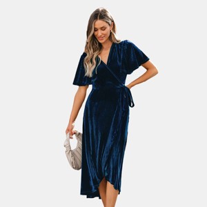Women's Festive Ribbed Velvet Belted Midi Fall Dress -Cupshe - 1 of 4