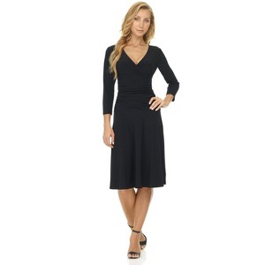 Rekucci Women's Slimming 3/4 Sleeve Fit and Flare Crossover Tummy Control Dress - 1 of 4