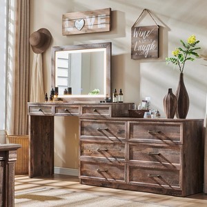 69" Vanity Tables with Glass Top & Led Mirror, Farmhouse Makeup Table with 9 Drawers, Rustic Vanity Desk for Bedroom - 1 of 4