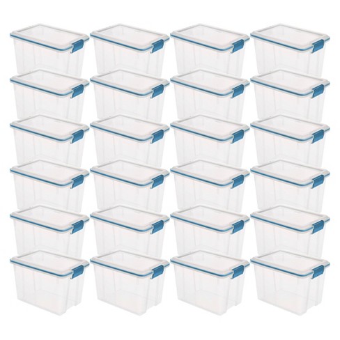 Sterilite 20 Qt Gasket Box, Stackable Storage Bin with Latching Lid and  Tight Seal Plastic Container to Organize Basement, Clear Base and Lid,  12-Pack