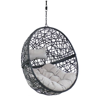 Sunnydaze Outdoor Resin Wicker Patio Jackson Hanging Basket Egg Chair Swing with Cushions and Headrest - Gray - 2pc