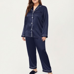 Anna-Kaci Lounge Women's PLus Size Satin Pajama Set with Long Sleeve Button Front Top and Relaxed Straight Leg Pants - 1 of 4