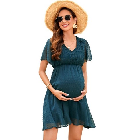 WhizMax Women s Maternity Dress V Neck Short Sleeve Swiss Polka Dot Midi Dress Summer Casual A Line Dress Green L