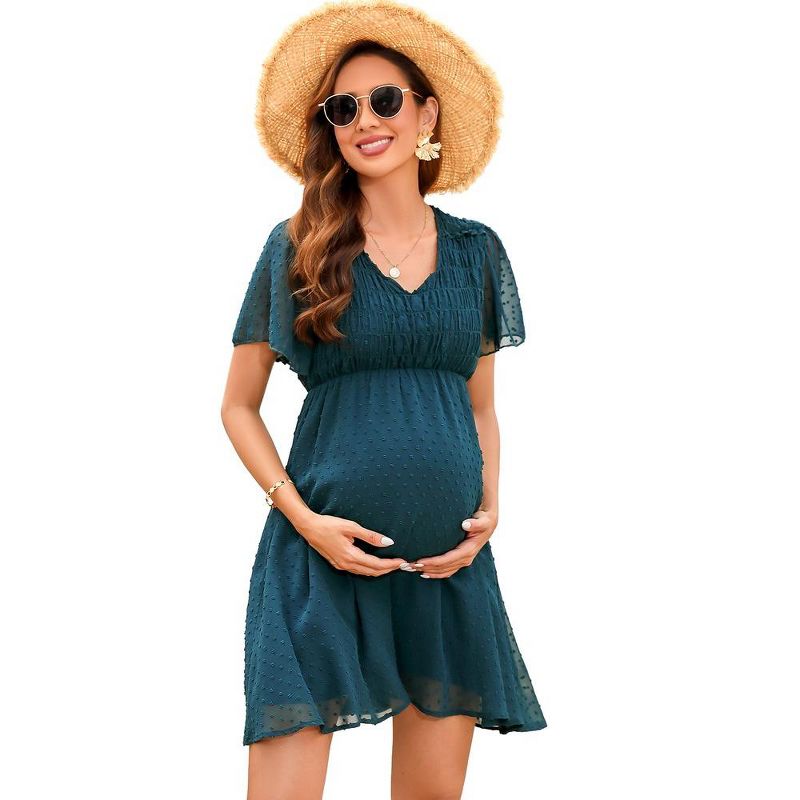WhizMax Women's Maternity Dress V Neck Short Sleeve Swiss Polka Dot Midi Dress Summer Casual A Line Dress, 1 of 9