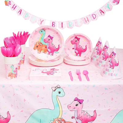 Blue Panda Serves 24 Pink Baby Dinosaur Party Supplies Decorations Pack, Dino Dinnerware Tablecloth Banner for Kids Girls Birthday