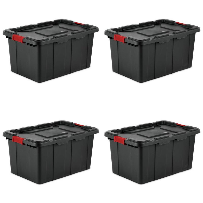 Sterilite 27-Gallon Large Stackable Rugged Storage Tote Container with Red Latching Clip Lid for Garage, Attic, Worksite, or Camping, Black, 1 of 7