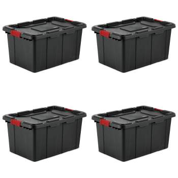 Sterilite 27-Gallon Large Stackable Rugged Storage Tote Container with Red Latching Clip Lid for Garage, Attic, Worksite, or Camping, Black