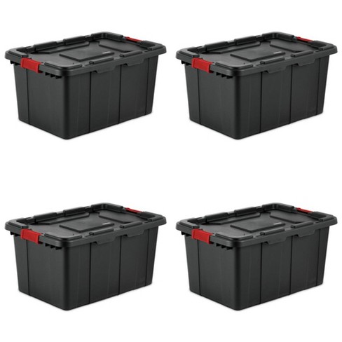 Sterilite 27-Gallon Large Stackable Rugged Storage Tote Container with Red Latching Clip Lid for Garage, Attic, Worksite, or Camping, Black - image 1 of 4