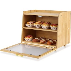 Double Layer Bread Box for Kitchen Countertop – Farmhouse Bread Storage Container with Window, Large Capacity Bamboo Bread Holder(Black & Gold) - 1 of 4