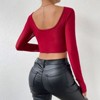 Coolmee Womens Summer Long Sleeved Mesh Tops Patchwork Lace See Through Fishbone Tight And Sexy Short Shirt Blouses Burgundy L - 4 of 4