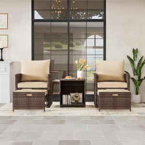 Jojoka 5-Piece Patio Conversation Set with 2 Ottomans and Table,All-Weather PE Rattan Lounge Chairs with Soft Cushions,Brown - 1 of 4