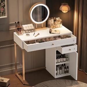 TIRAMISUBEST Makeup Vanity Desk with Lighted Mirror, Luxury Dressing Table with 2 Drawers and 1 Cabinet, 3 Lighting Modes Available for Bedroom - 1 of 4