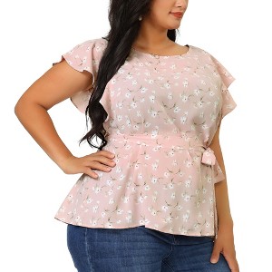 Agnes Orinda Women's Plus Size Crew Neck Floral Tie Waist Ruffle Flare Sleeve Blouses - 1 of 4
