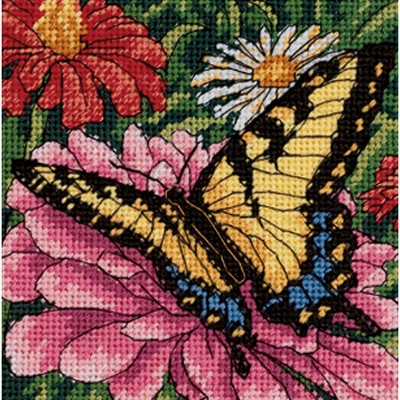 Dimensions Mini Needlepoint Kit 5"X5"-Butterfly On Zinnia Stitched On Floss