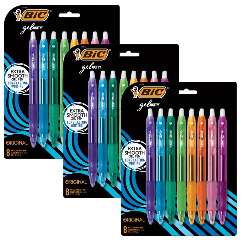 Bic Gelocity Original Long Lasting Fashion Gel Pens, Medium Point (0.7mm) Assorted Ink, 8 Per Pack, 3 Packs, 1 of 2