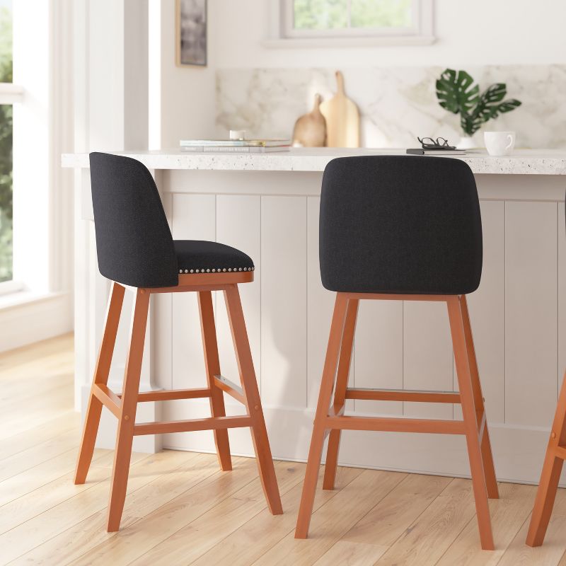 Merrick Lane Set of 2 Charcoal Faux Linen Upholstered 30" Bar Stools with Nail Head Accent Trim and Walnut Wood Frames, 4 of 12