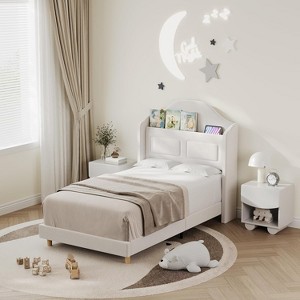 Twin LED Bed Frame with Storage Headboard and Charging Station, Velvet Upholstered Platform Bed Frame with Bookcase, No Box Spring Needed - 1 of 4