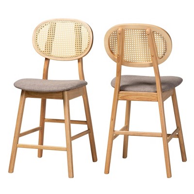 Mid-Century Grey Fabric and Natural Oak Counter Stools, Set of 2