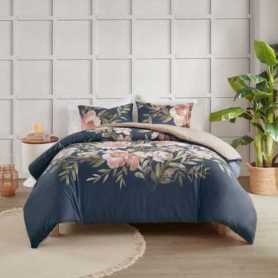 Camillia Navy Floral Cotton King/Cal King Duvet Cover Set