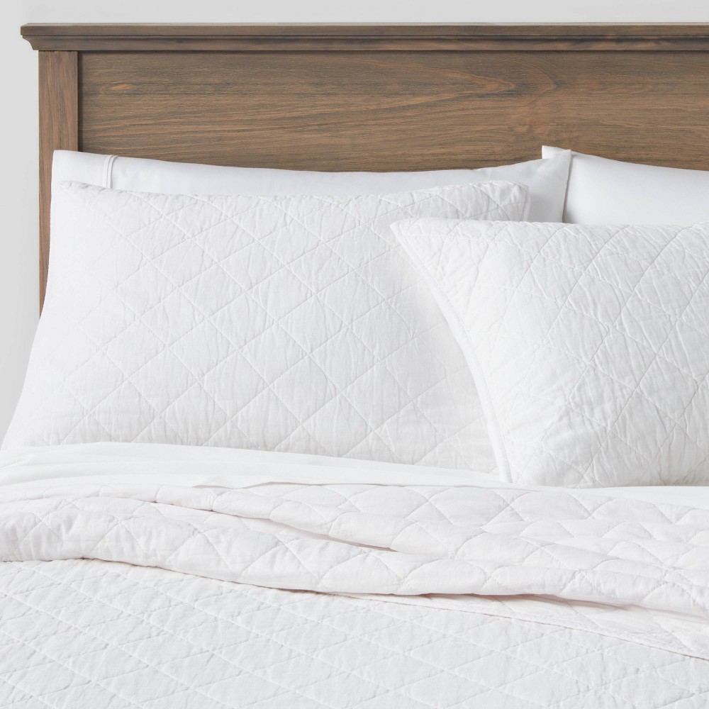 Twin/Twin Extra Long Diamond Stitch Cotton Linen Quilt White - Threshold™: OEKO-TEX Certified, Midweight Coverlet