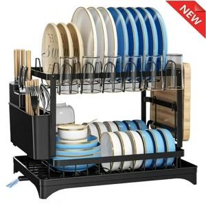 MaseiKar 2 Tier Dish Drying Rack for Kitchen Counter, Stainless Steel Dish Drainers with Drainboard, Utensil Holder, Cutting Board & Cup Holder - 1 of 4