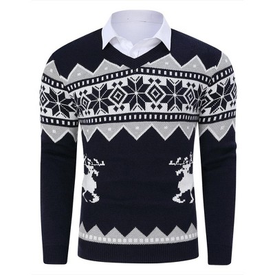 WhizMax Men's V-Neck Christmas Jacquard Pullover Sweater