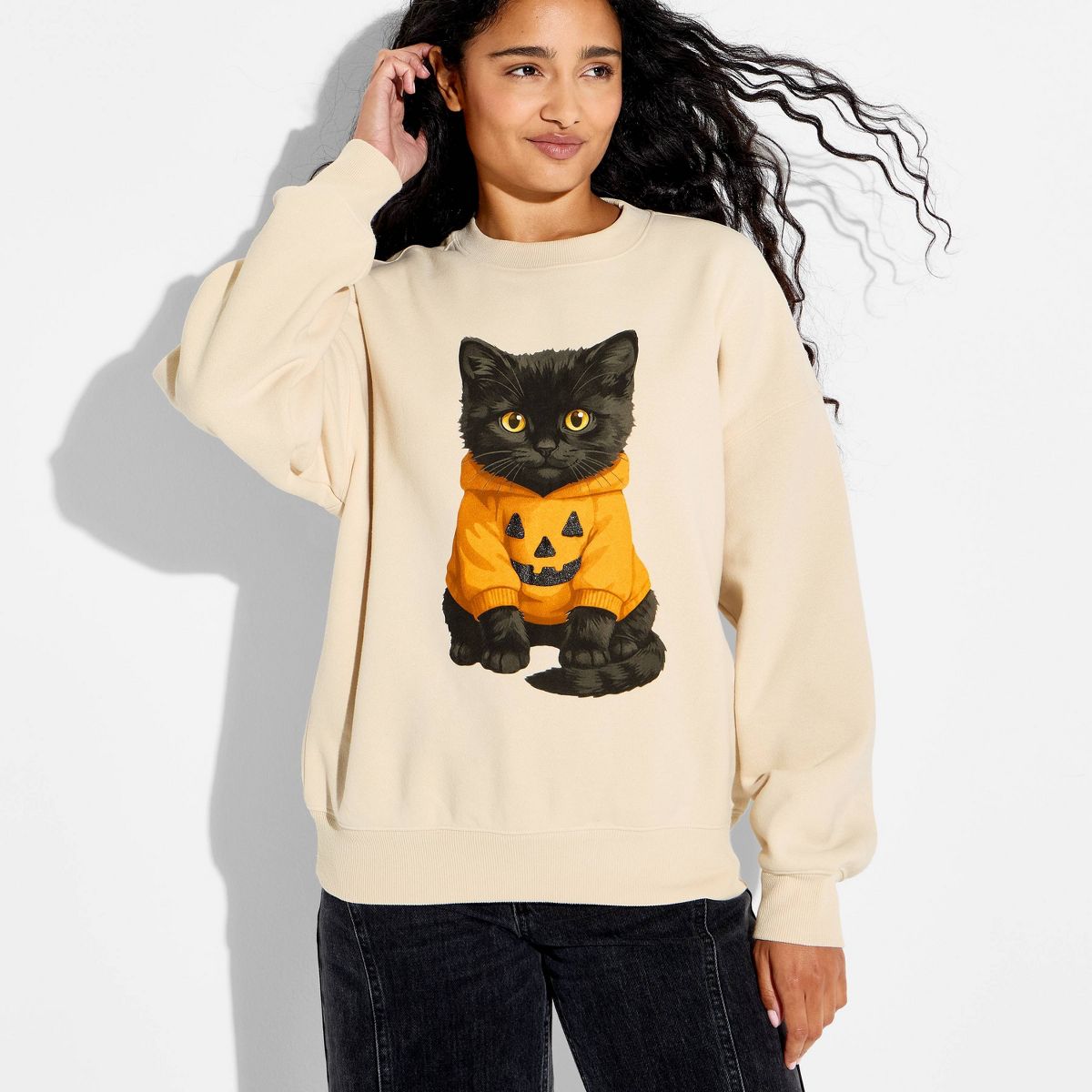 Women's Crewneck Black Cat Graphic Pullover Sweatshirt - Beige