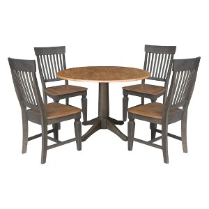 International Concepts 42" Round Dual Drop Leaf Dining Table with 4 Slat Back Chairs Hickory/Washed Coal: Rubberwood 5-Piece Set - 1 of 4