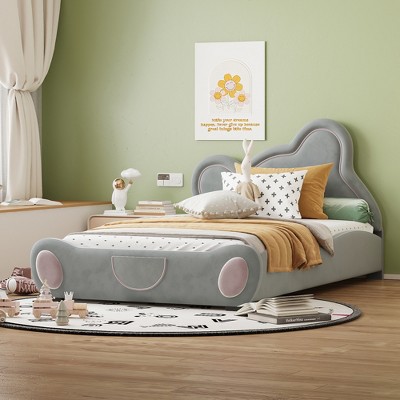 Twin/Full/Queen Size Velvet Upholstered Platform Bed with Bear-Shaped Headboard and Bed-End Storage Pocket 4W - ModernLuxe