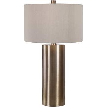 Uttermost Glam Luxury Table Lamp 31 1/2" Tall Antique Brushed Brass Beige Linen Drum Shade for Living Room Bedroom House Bedside