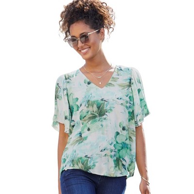 Women's Floral Flutter Sleeve Blouse Shirt - LASCANA