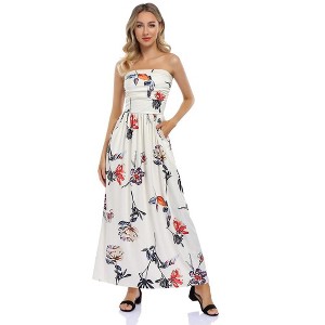 Women Strapless Floral Print Bohemian Boho Maxi Dress Casual Off Shoulder Beach Party Dress with Pockets - 1 of 4