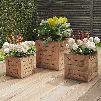 Pure Garden 3-Piece Square Planter Set - Fiber Clay Pots with Drainage Holes for Herbs, Plants, and Flowers