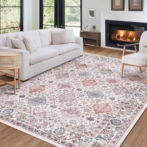 Washable Area Rug Vintage Floral - Foldable Thin Soft Low-Pile Carpet, Non-Slip TPE Backing Floor Cover for Living Room Bedroom (Machine Washable) - 1 of 4