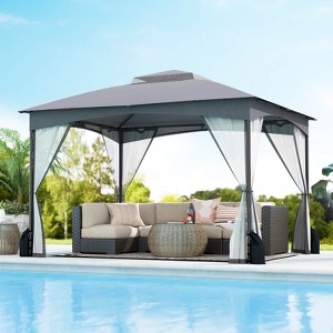 Costway 10 X 10/12 FT Patio Gazebo with Netting Walls 4 Sandbags Zippered Doors Outdoor Gray/Beige - 1 of 4