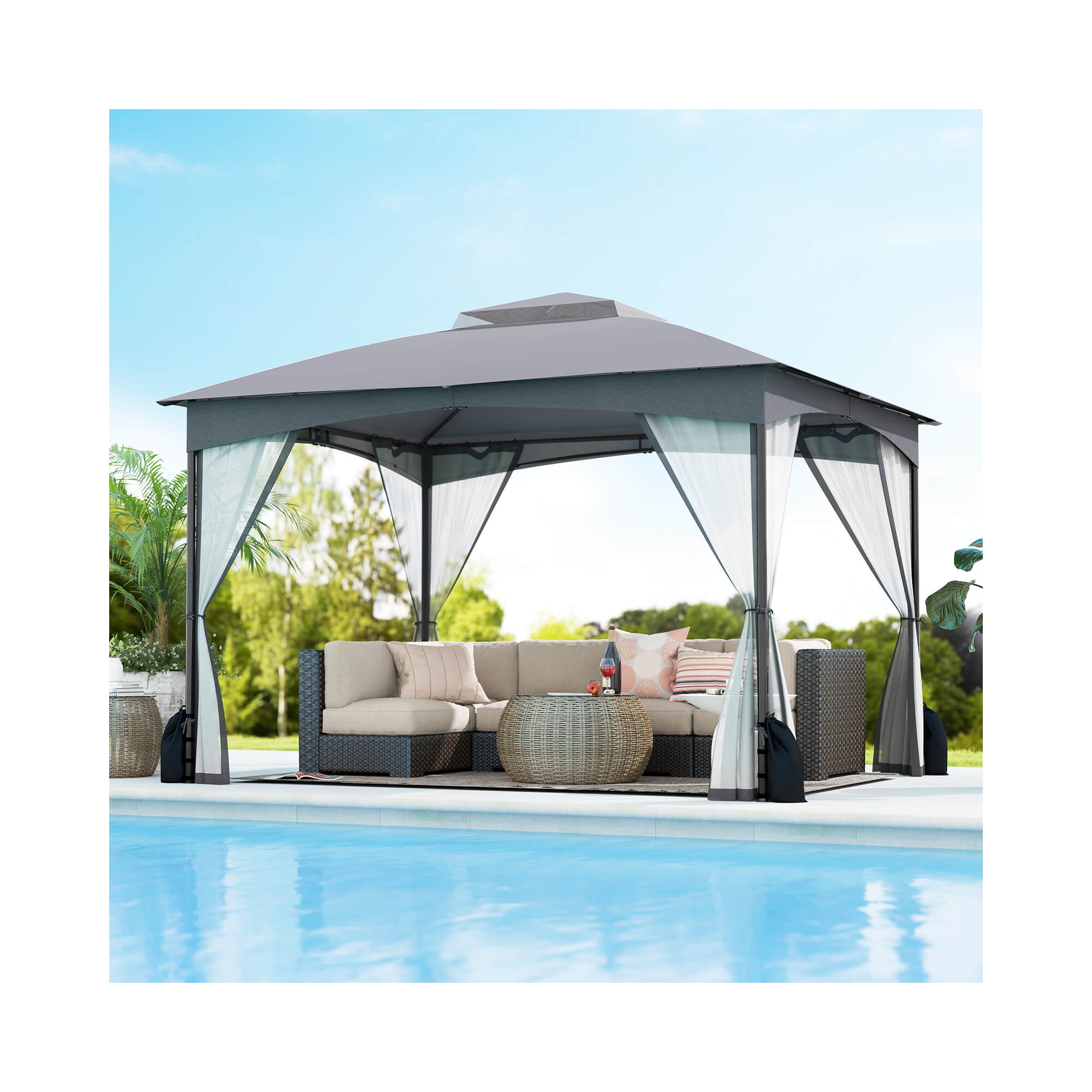 Costway 10 X 12 FT Patio Gazebo with Netting Walls 4 Sandbags Zippered Doors Outdoor