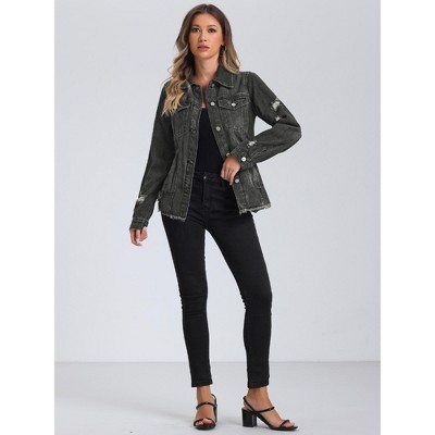 Allegra K Women's Frayed Washed Button Down Denim Jacket with Pockets Black Large — фото 4