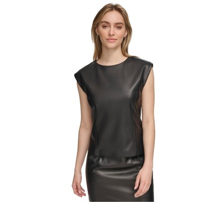 Calvin Klein Womens Faux Leather Cap Sleeve Tank Top