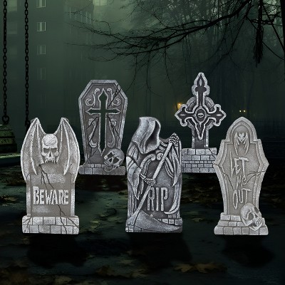 Joyfy 5pcs 17" Halloween Foam Tombstones Decoration, Halloween Graveyard Headstone Prop Cemetery Decoration with 12 Metal Stakes, Outdoor Yard Lawn
