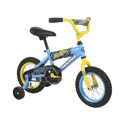 Dynacraft 12 Inch Magna Hot Rod Bicycle with Removable and Adjustable Training Wheels and Foam Safety Pad Accessories for Kids, Blue and Yellow