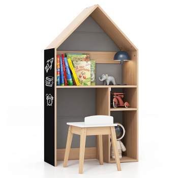 Costway Kids House-Shaped Table & Chair Set Wooden Toy Organizer Cabinet with Blackboard Grey/White