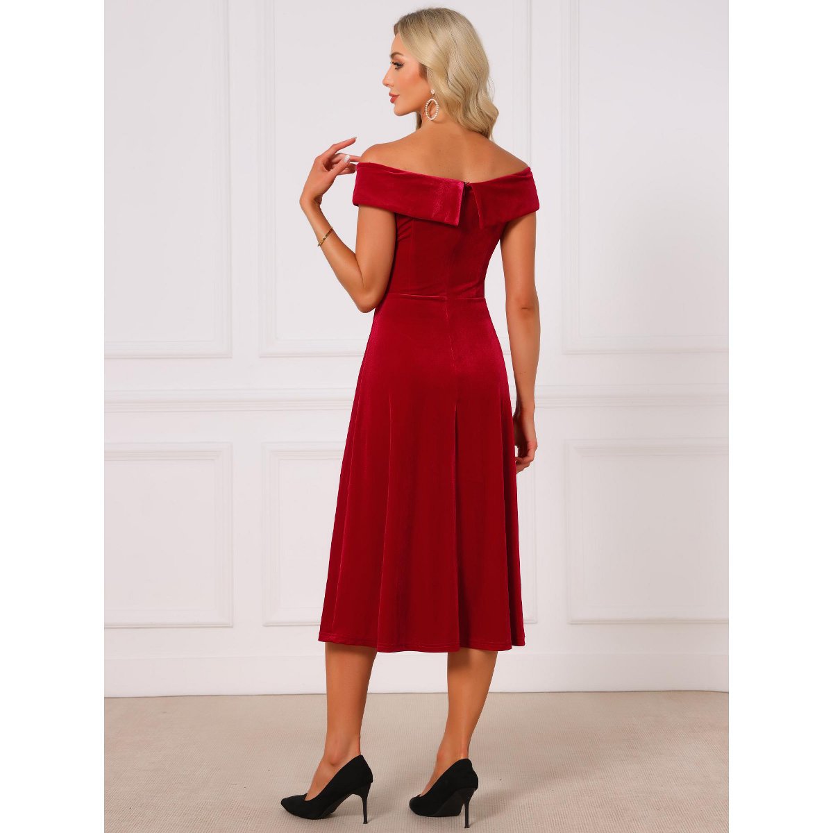 Женские платья INSPIRE CHIC Women's Velvet Off-Shoulder Vintage A-Line Cocktail Evening Dress X-Large Red — фото 4