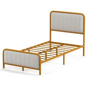 Costway Full Gold Metal Bed Frame Upholstered Platform Bed with Velvet Headboard
