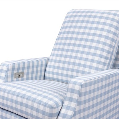 Blue Gingham Velvet Swivel Recliner with Light Wood Base